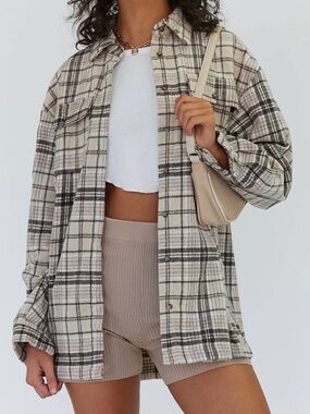 Princess Polly Plaid Oversized Utility Shacket in Cream & Taupe